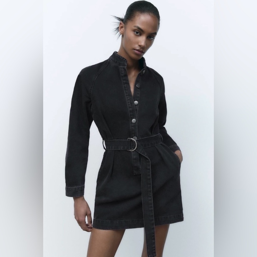 NWT Zara Black Raglan Denim Belted Dress Size Large